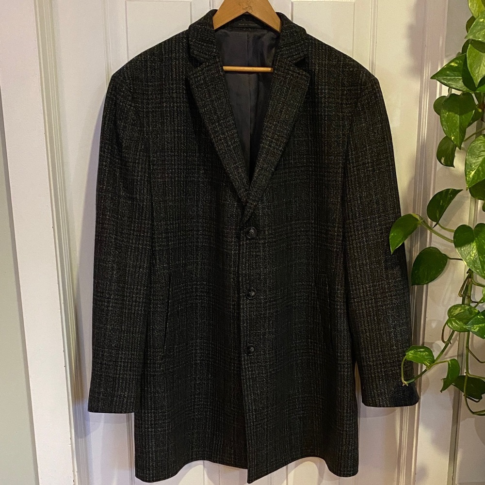 Calvin Klein Wool Blend Plaid Check Jacket Coat Long Blazer Business Casual